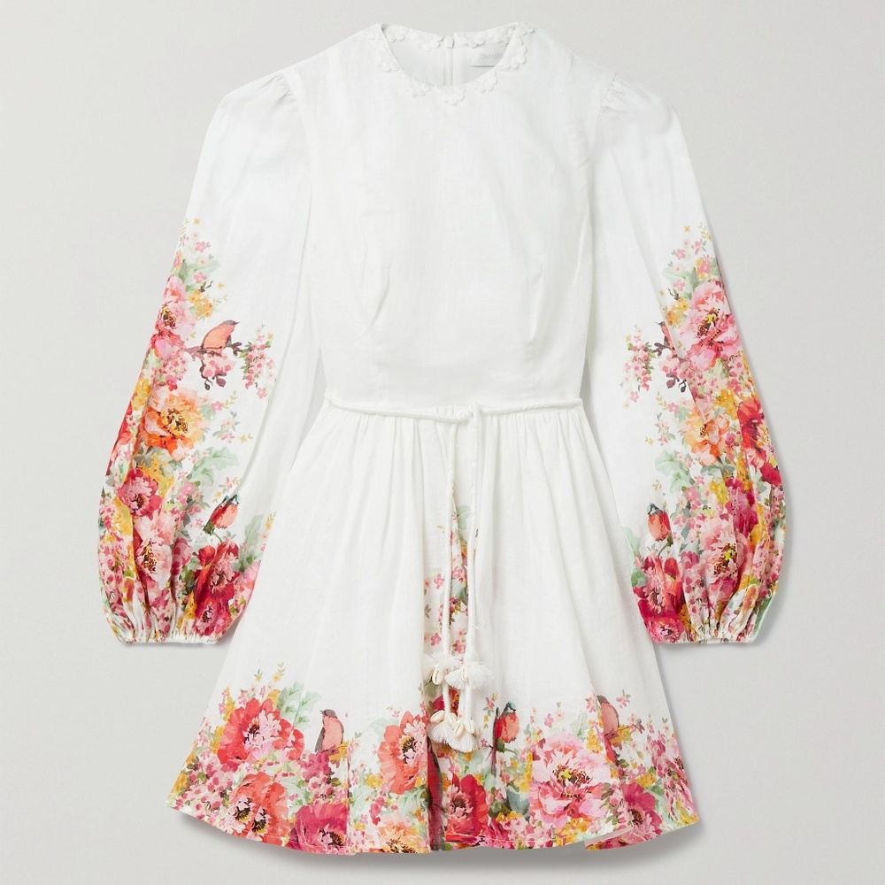 ZIMMERMANN Mae embellished floral-print linen mini dress NEW w. tags